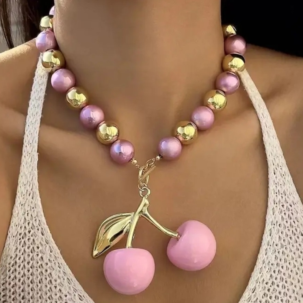 Pink and Golden Cherry Necklace